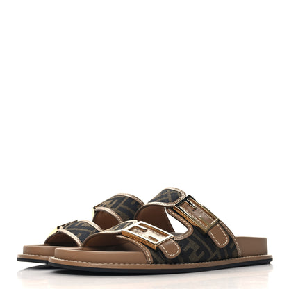 Fendi Fabric Jacquard Nappa FF Womens Fendi Feel Buckled Slide Sandals 40 Tobacco Black Miele Scuro 4 of 10