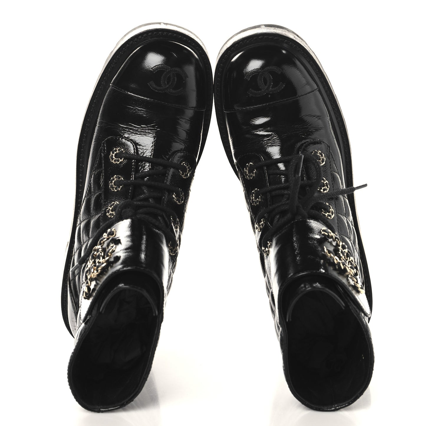 Shiny Calfskin Quilted Lace Up Combat Boots 39 Black