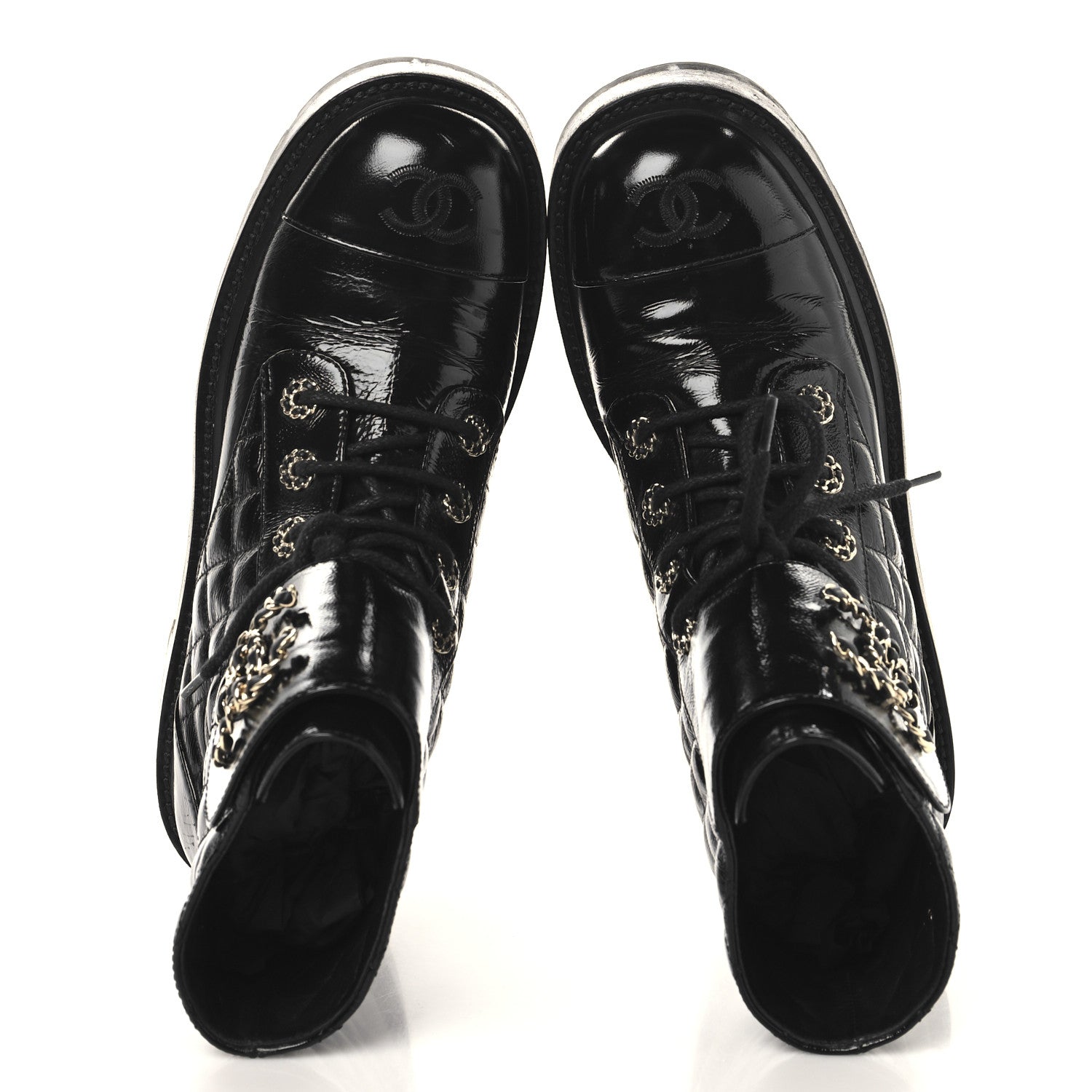 Chanel Shiny Calfskin Quilted Lace Up Combat Boots 39 Black 2 of 10