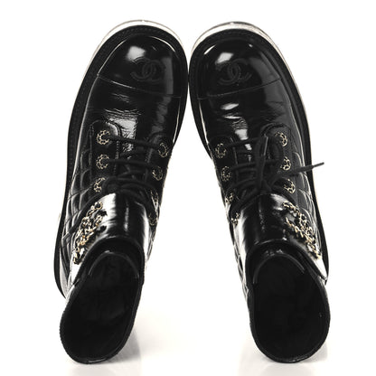 Chanel Shiny Calfskin Quilted Lace Up Combat Boots 39 Black 2 of 10