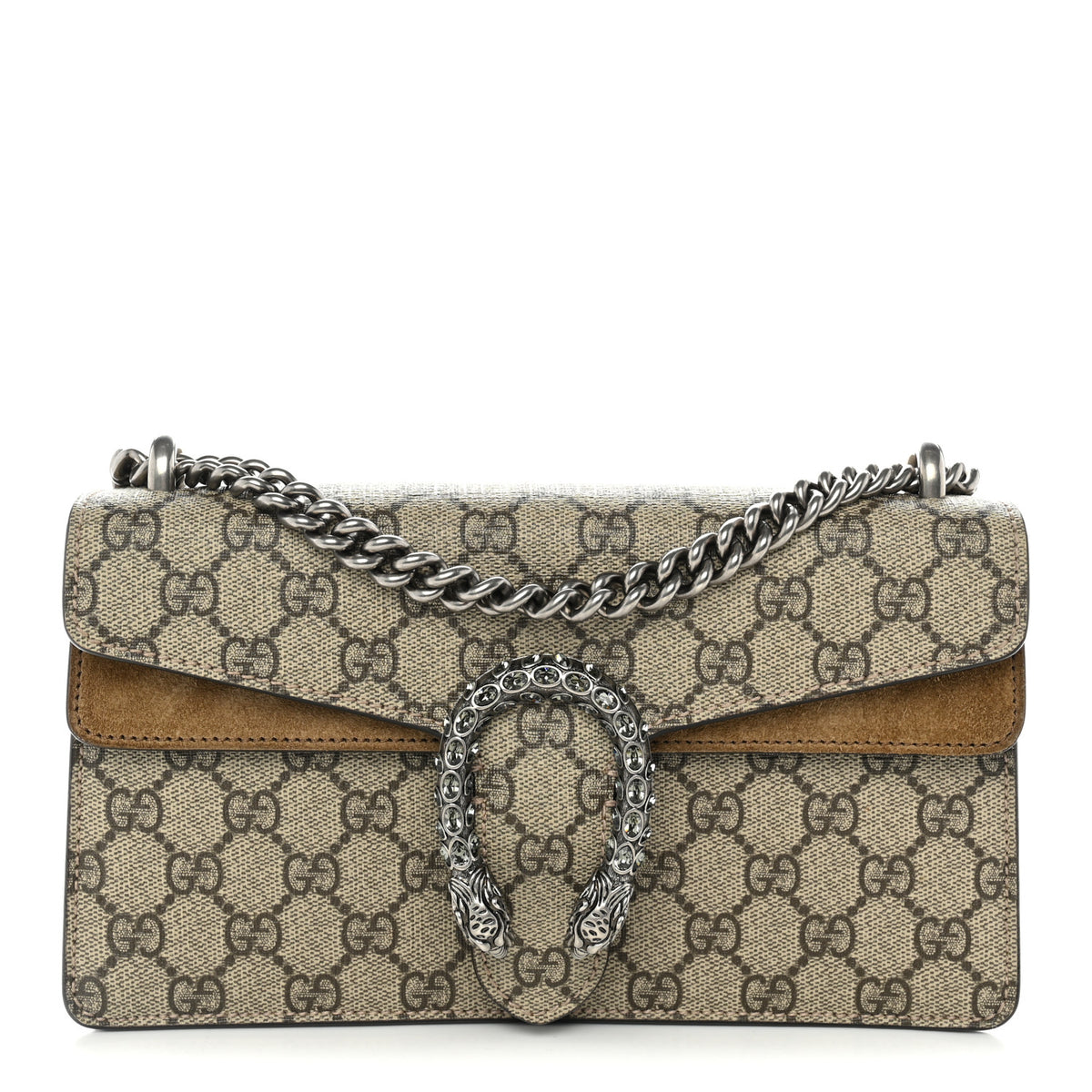 Gucci GG Supreme Monogram Suede Crystal Small Dionysus Shoulder Bag Beige Ebony Taupe 1 of 12