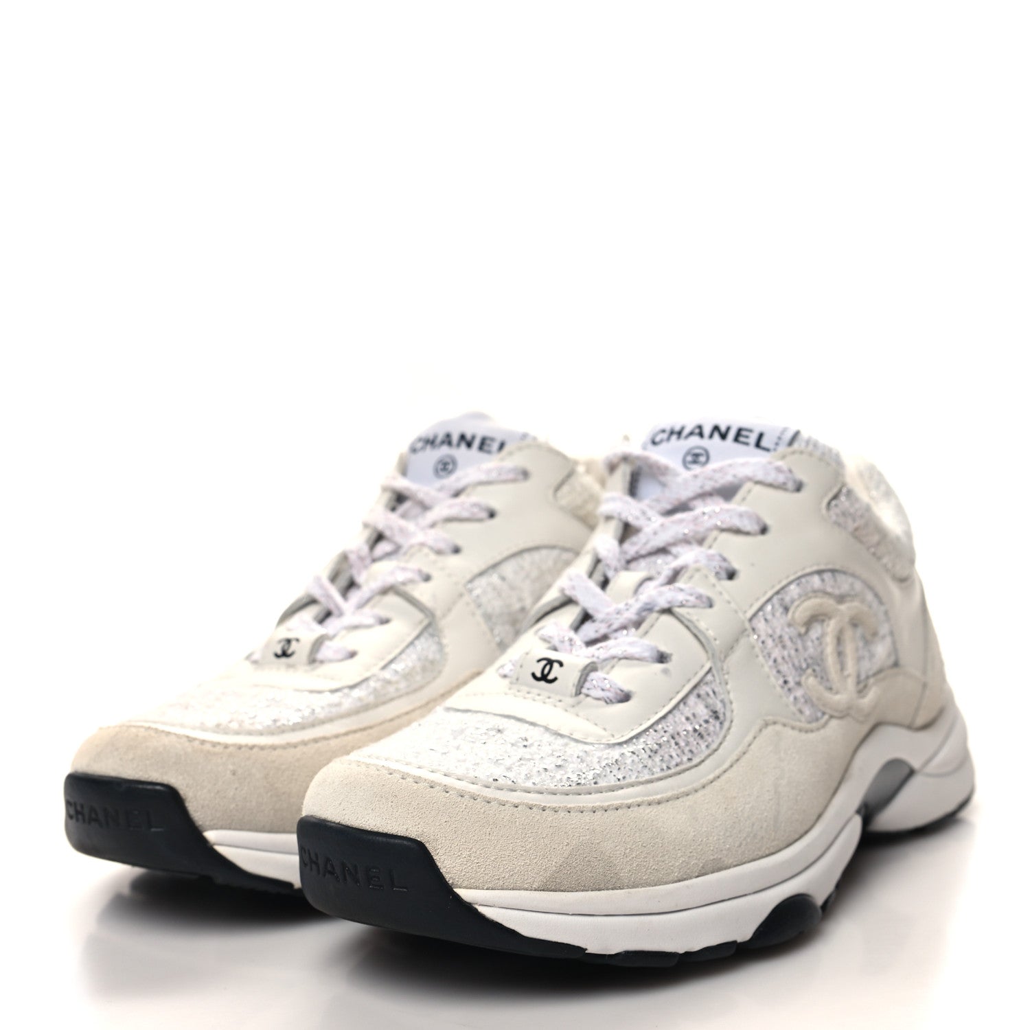 Chanel Painted Iridescent Cotton Tweed Suede Womens CC Sneakers 36 White Silver Multicolor 3 of 7