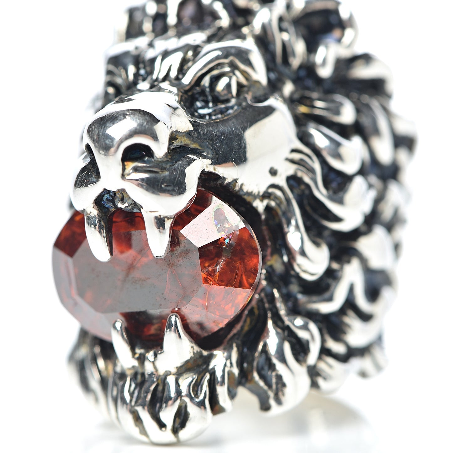 Metal Crystal Lion Head Ring 4.75 Red Aged Silver