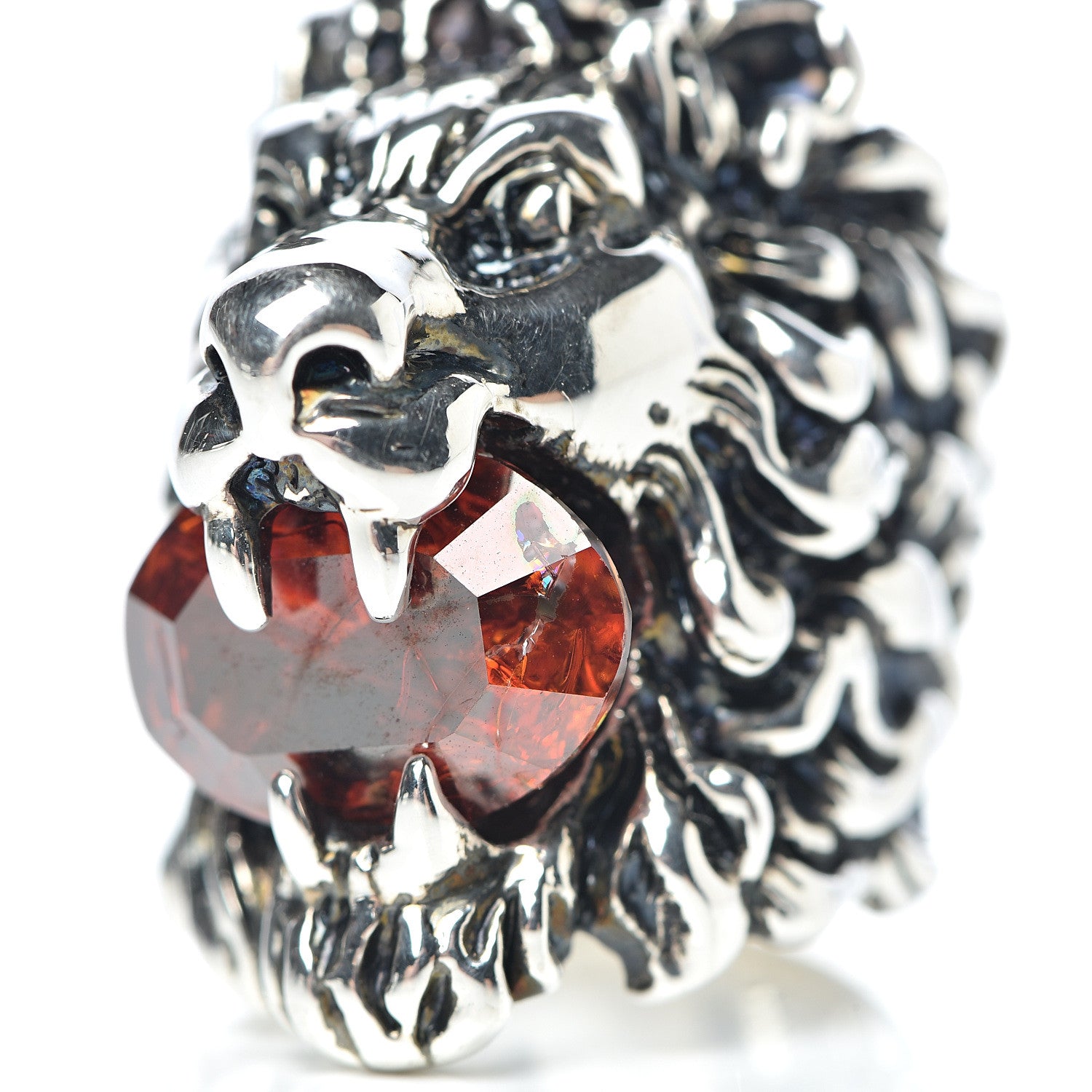 Gucci Metal Crystal Lion Head Ring 4.75 Red Aged Silver 8 of 9