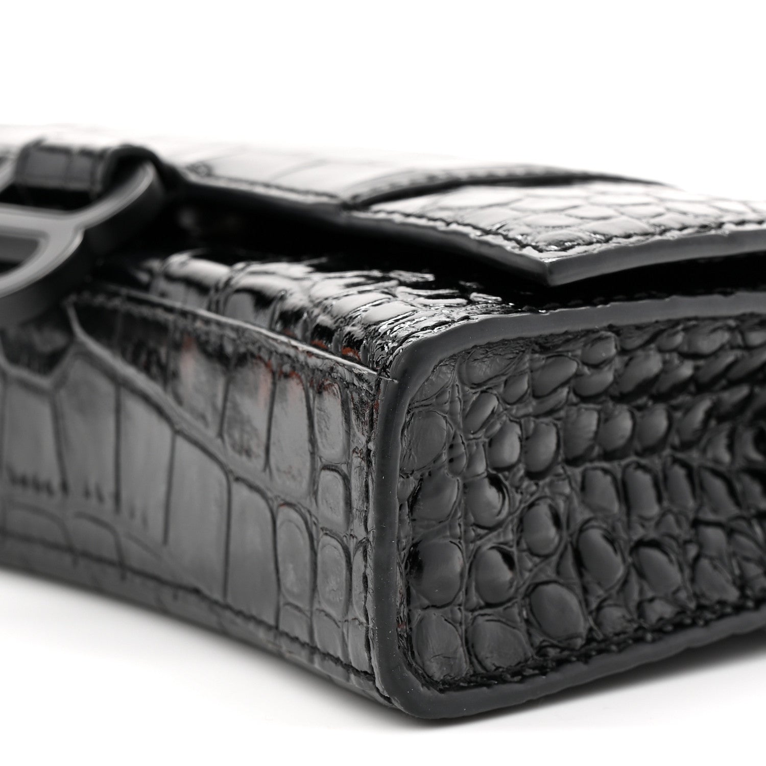 Balenciaga Shiny Calfskin Monochrome Crocodile Embossed Hourglass Chain Bag Black 9 of 9