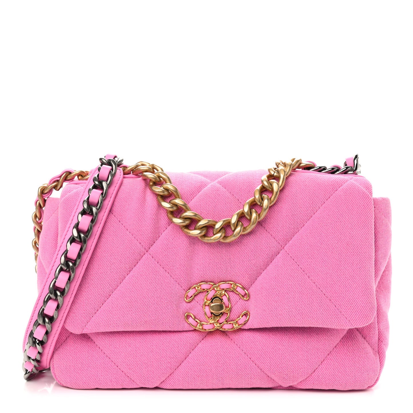 Denim Quilted Medium Chanel 19 Flap Neon Pink