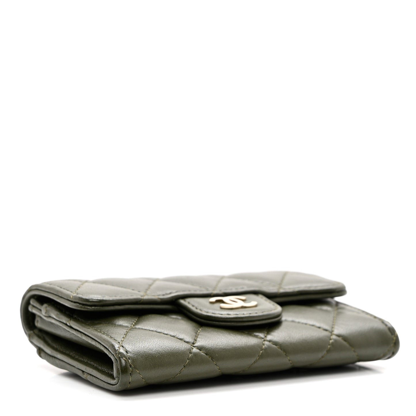 Lambskin Quilted Flap Card Holder Wallet Khaki