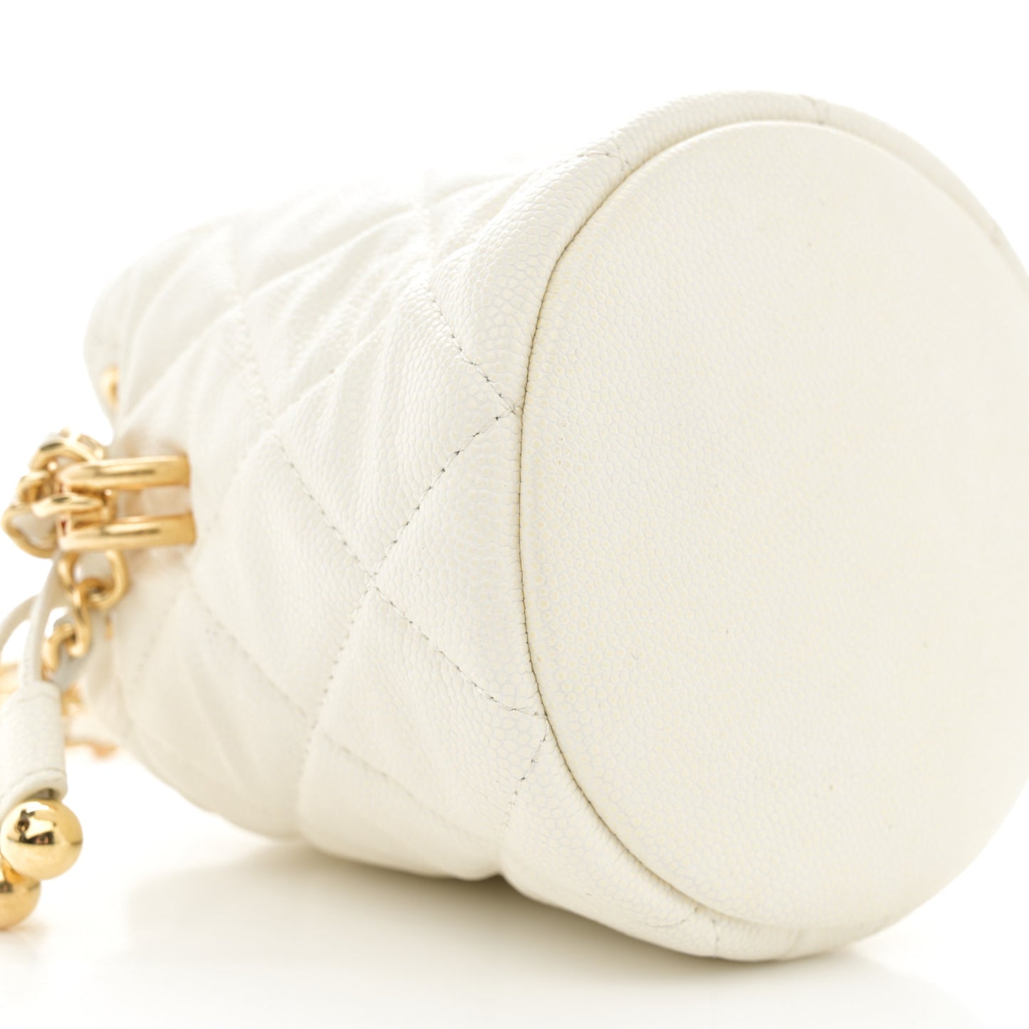 Caviar Quilted Coco First Bucket Clutch With Chain White