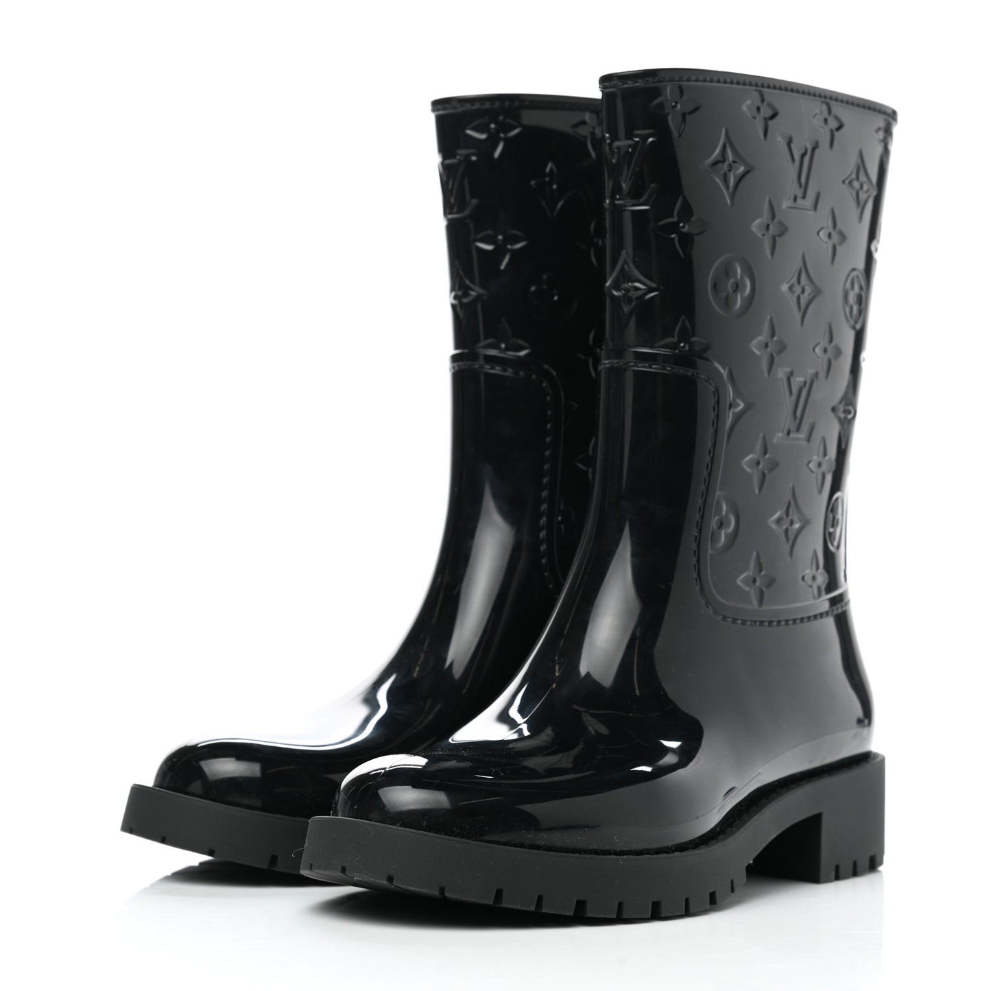 Rubber Embossed Monogram Splash Rain Short Boots 35 Black
