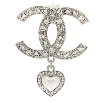 Chanel Crystal Pearl CC Heart Drop Brooch Silver 1 of 4