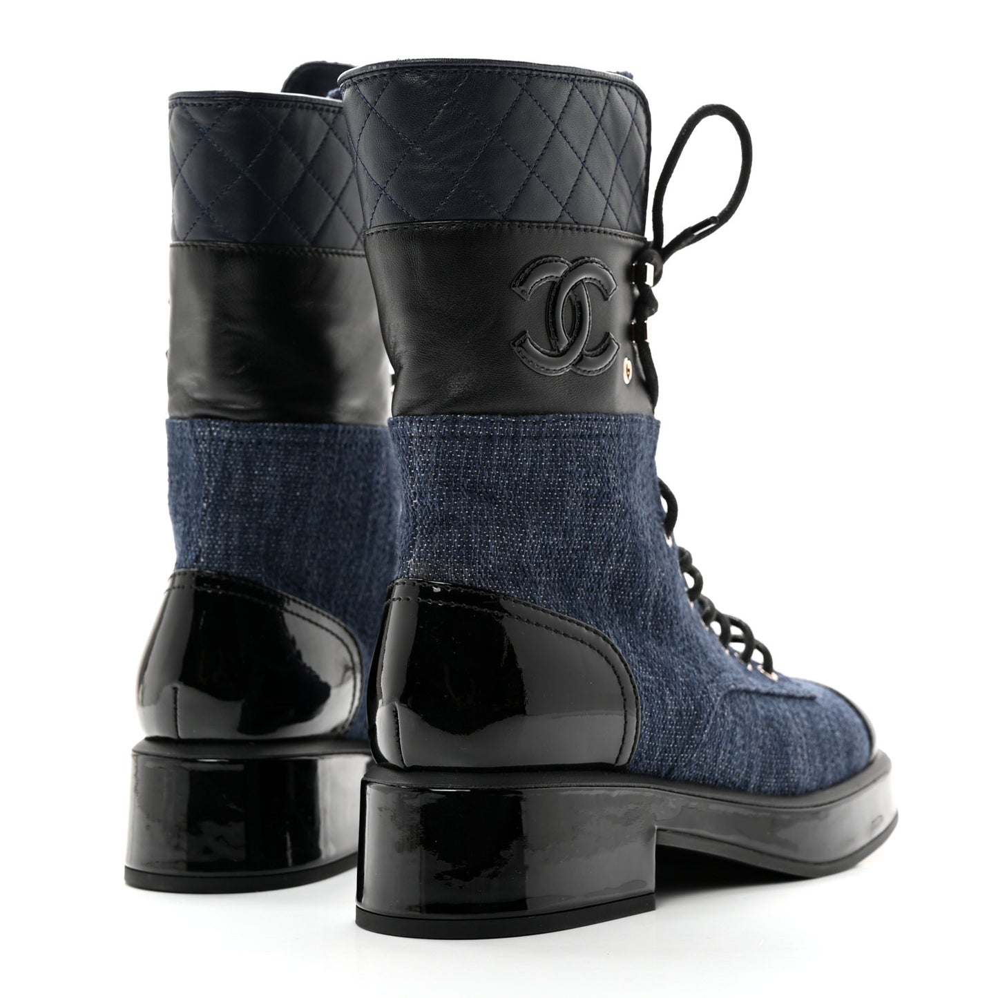 Denim Patent Lambskin Quilted CC Lace Up Combat Boots 38 Blue Black