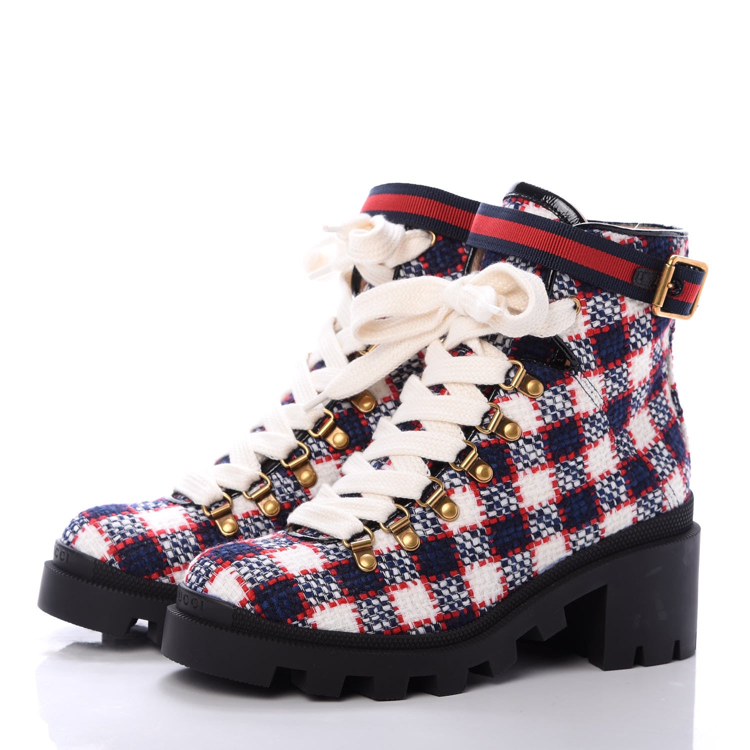 Gucci Vintage Tweed Check Lace Up Combat Ankle Boots 37.5 White Hibiscus Red Marine 3 of 6