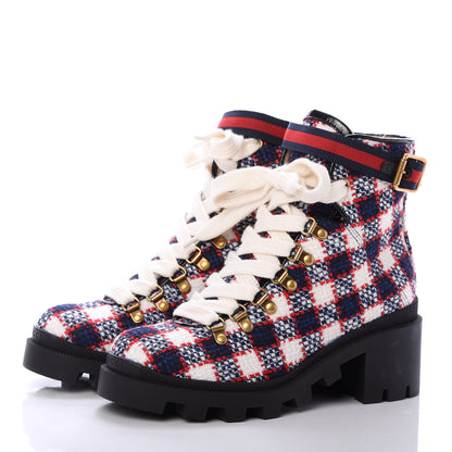 Gucci Vintage Tweed Check Lace Up Combat Ankle Boots 37.5 White Hibiscus Red Marine 3 of 6