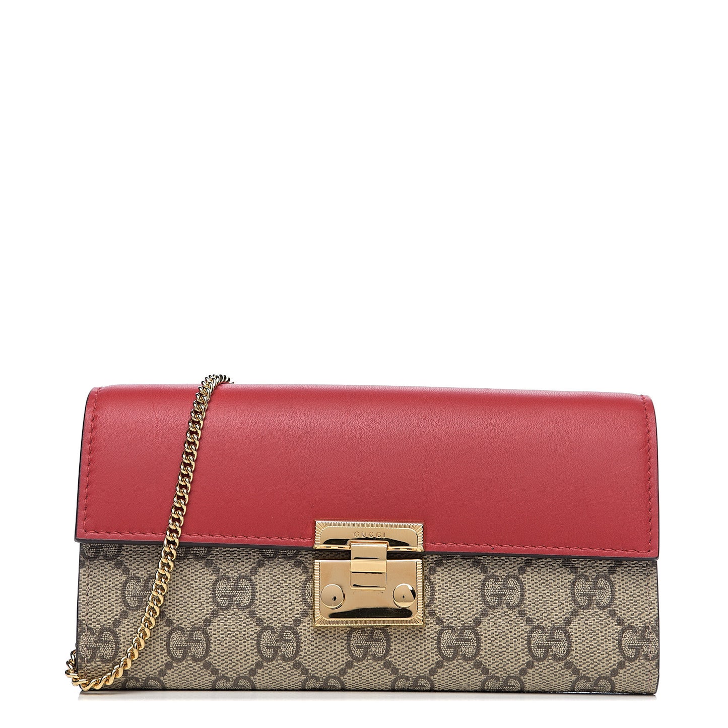 GG Supreme Monogram Moon Calfskin Padlock Continental Chain Wallet Beige Ebony Hibiscus Red New Rosette