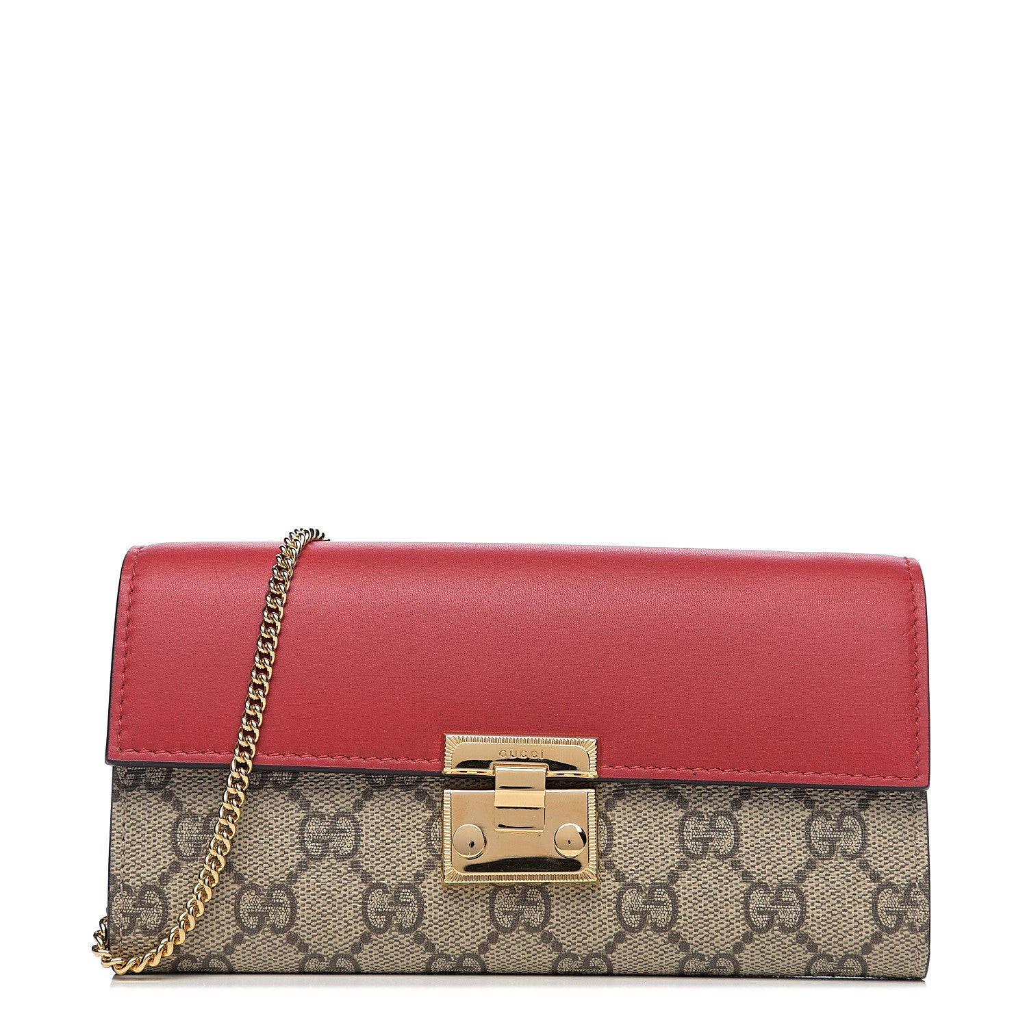 Gucci GG Supreme Monogram Moon Calfskin Padlock Continental Chain Wallet Beige Ebony Hibiscus Red New Rosette 1 of 7