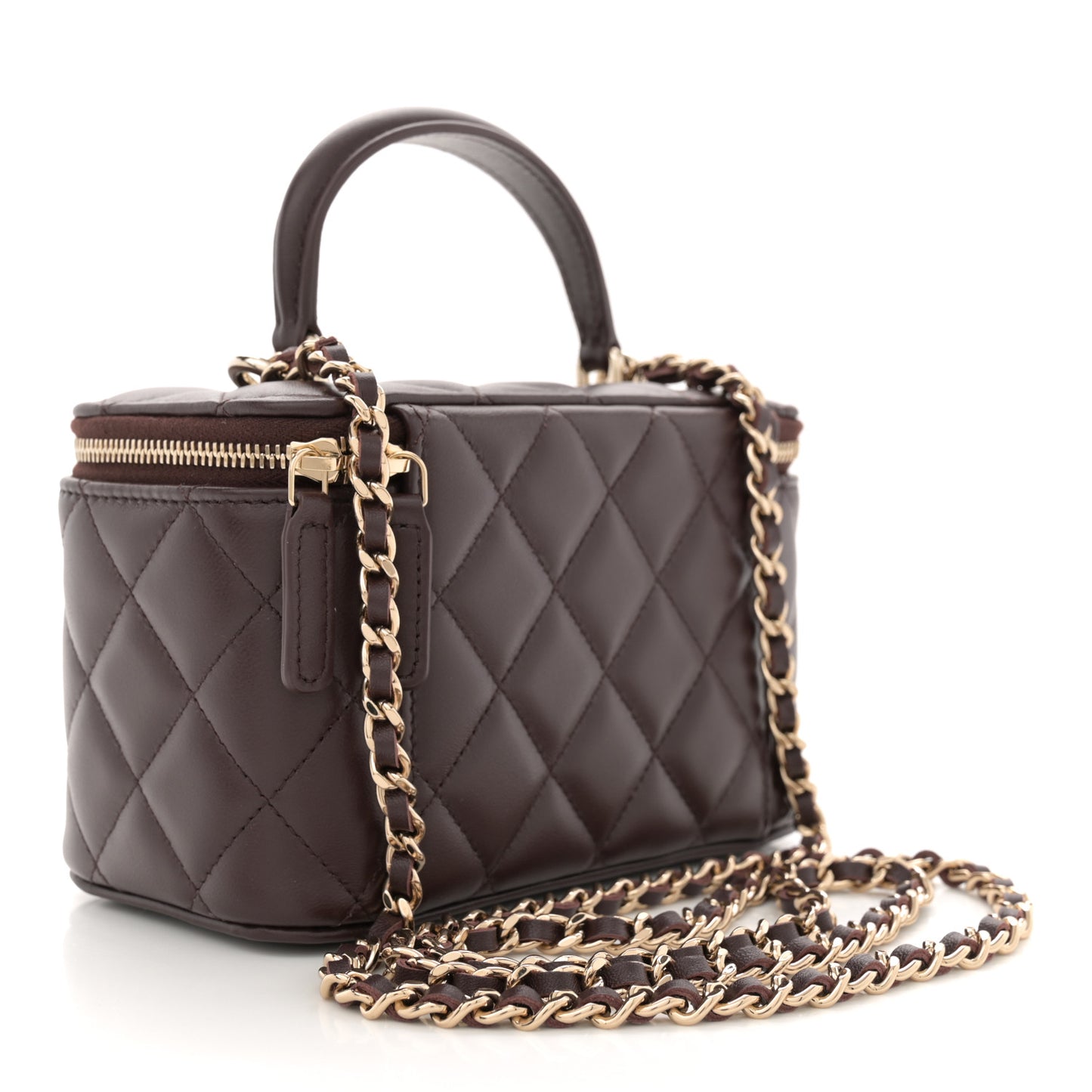 Lambskin Quilted Small Top Handle Vanity Case With Chain Dark Brown