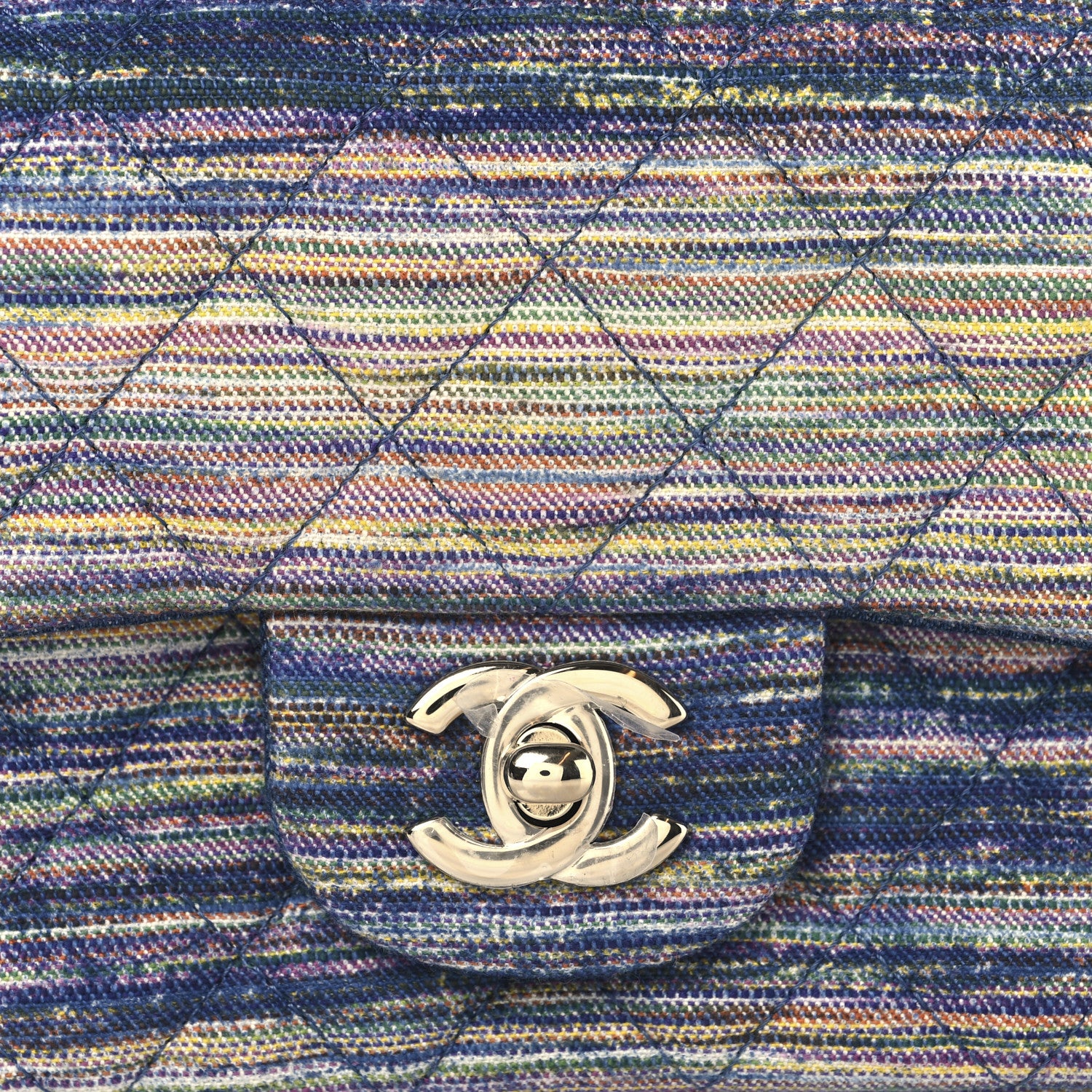 Chanel Striated Denim Quilted Classics in Fabrics Mini Rectangular Flap Navy Yellow Purple Green Multicolor 8 of 11