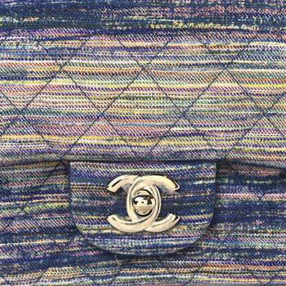 Chanel Striated Denim Quilted Classics in Fabrics Mini Rectangular Flap Navy Yellow Purple Green Multicolor 8 of 11
