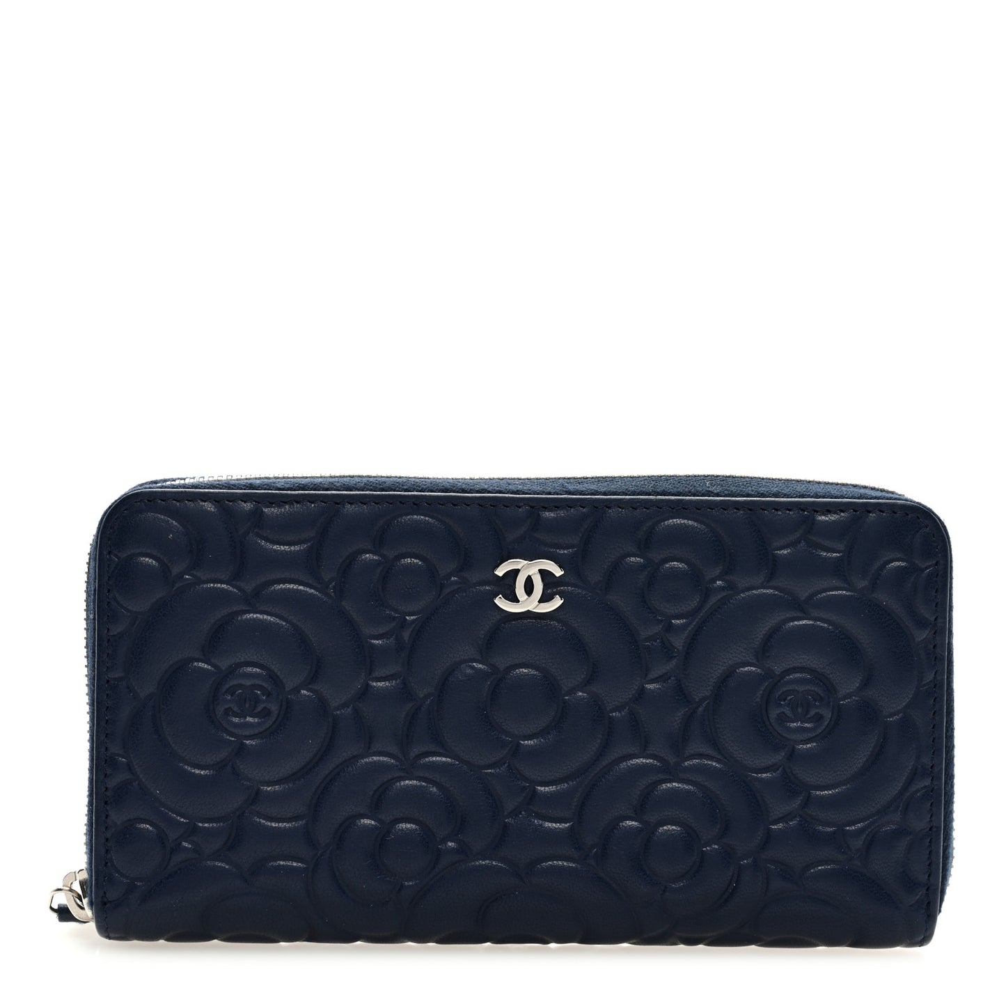 Camellia Embossed Large Zip Around Gusset Wallet Navy