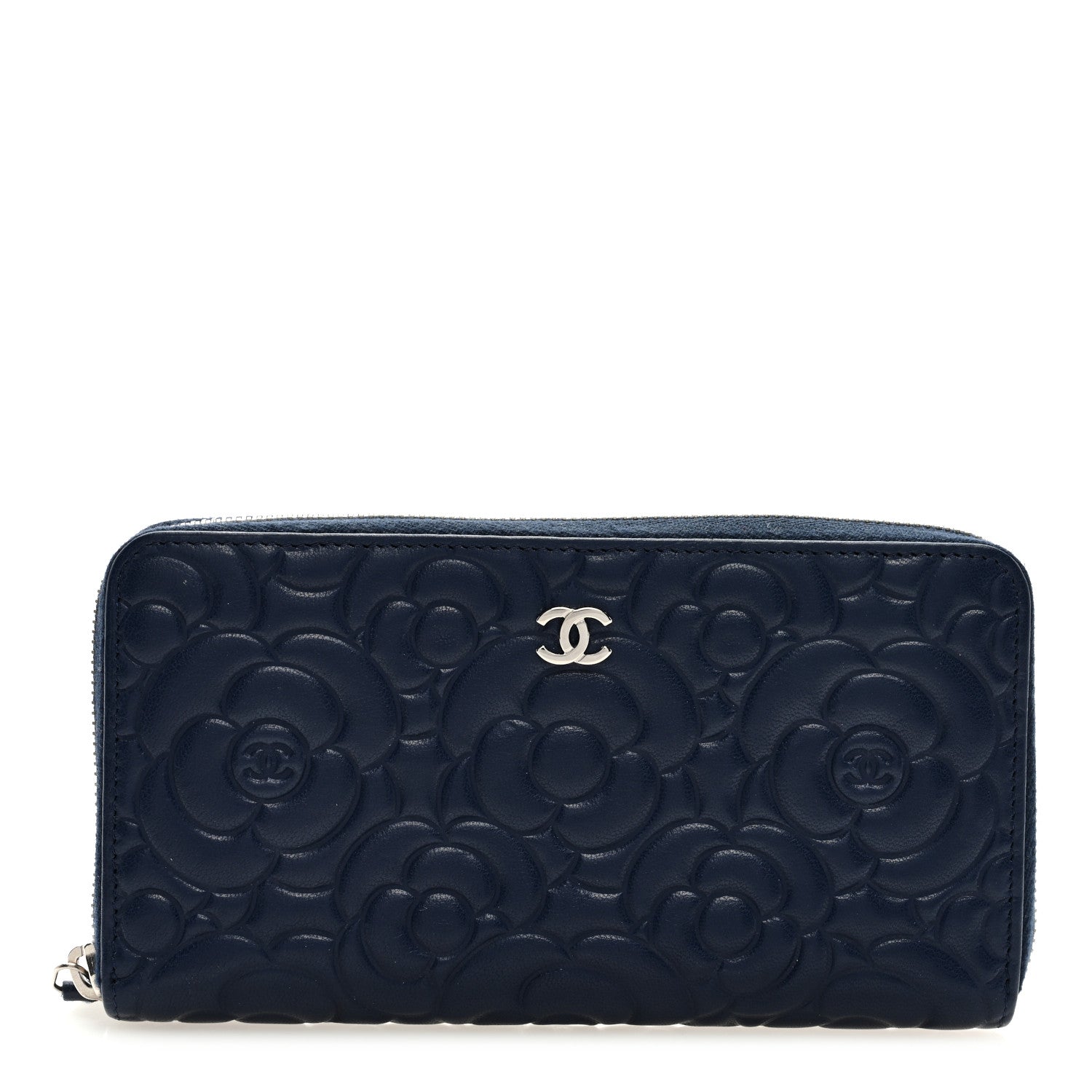 Chanel Camellia Embossed Large Zip Around Gusset Wallet Navy 1 of 7