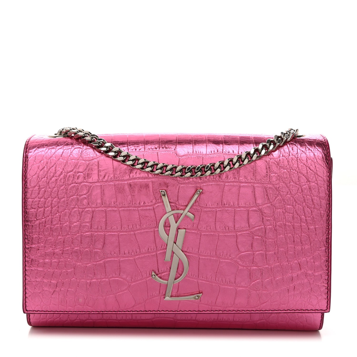 Saint Laurent Metallic Calfskin Crocodile Embossed Small Classic Monogram Kate Tassel Satchel Pink 1 of 11
