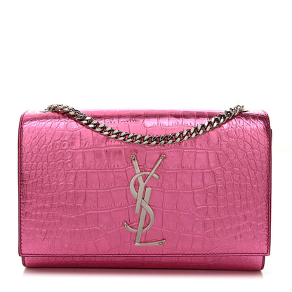 Saint Laurent Metallic Calfskin Crocodile Embossed Small Classic Monogram Kate Tassel Satchel Pink 1 of 11