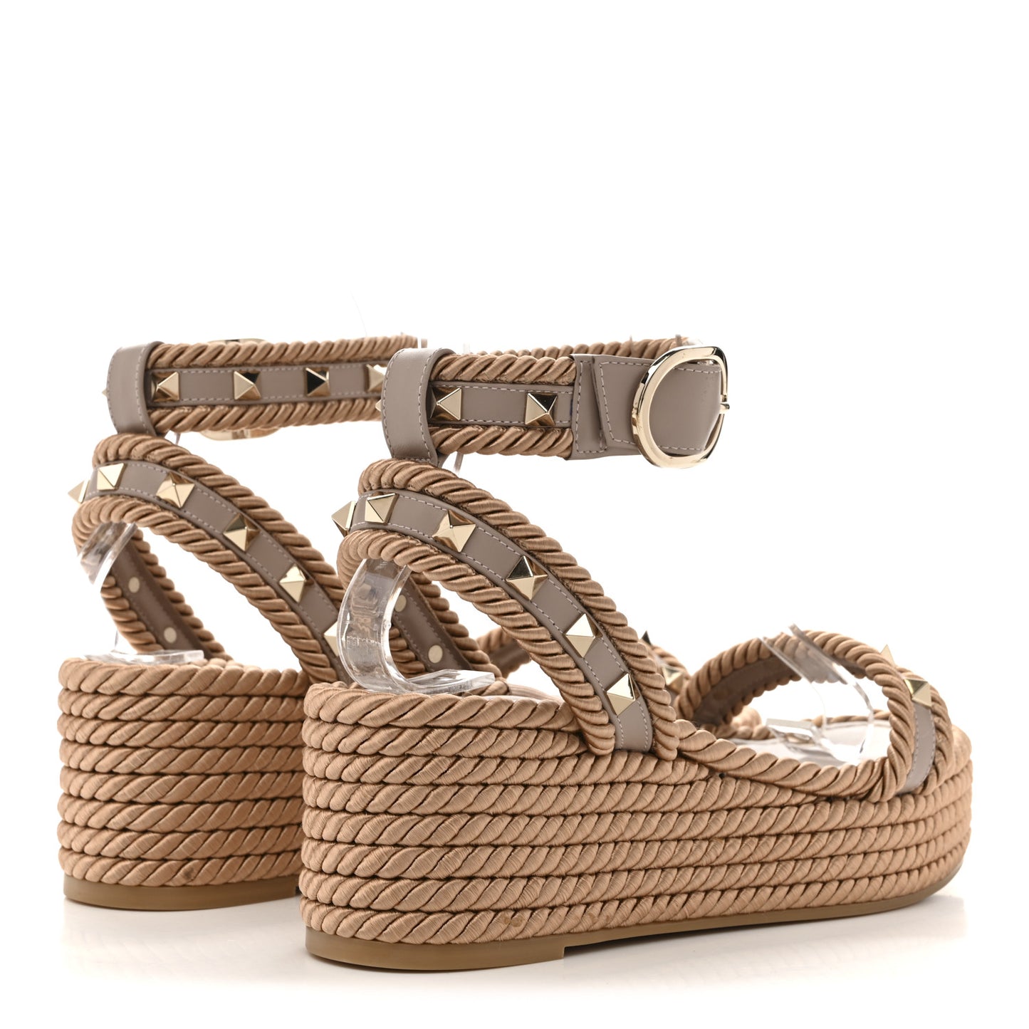 Calfskin Rockstud Rope Espadrille Flatform Sandals  35 Poudre