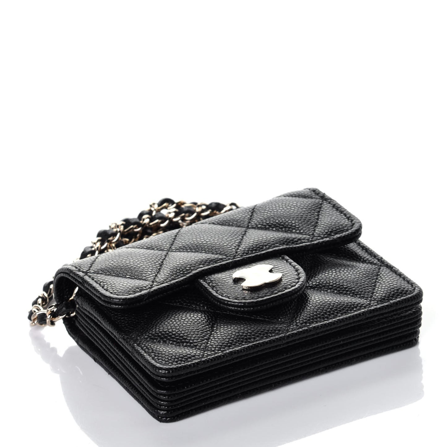 Caviar Quilted Flap Card Holder On Chain Black