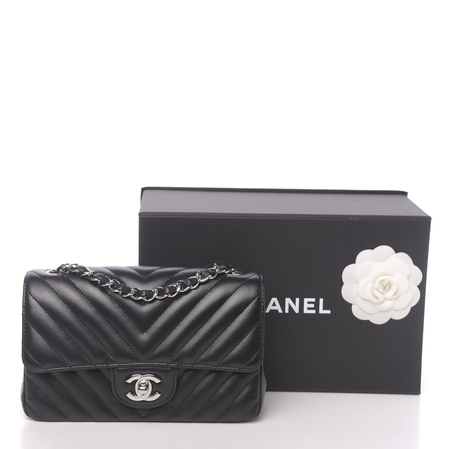 Lambskin Chevron Quilted Mini Rectangular Flap Black
