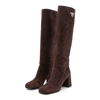 Prada Suede Metal Triangle Logo Block Heel 65mm Knee Boots 37.5 Brown 3 of 8