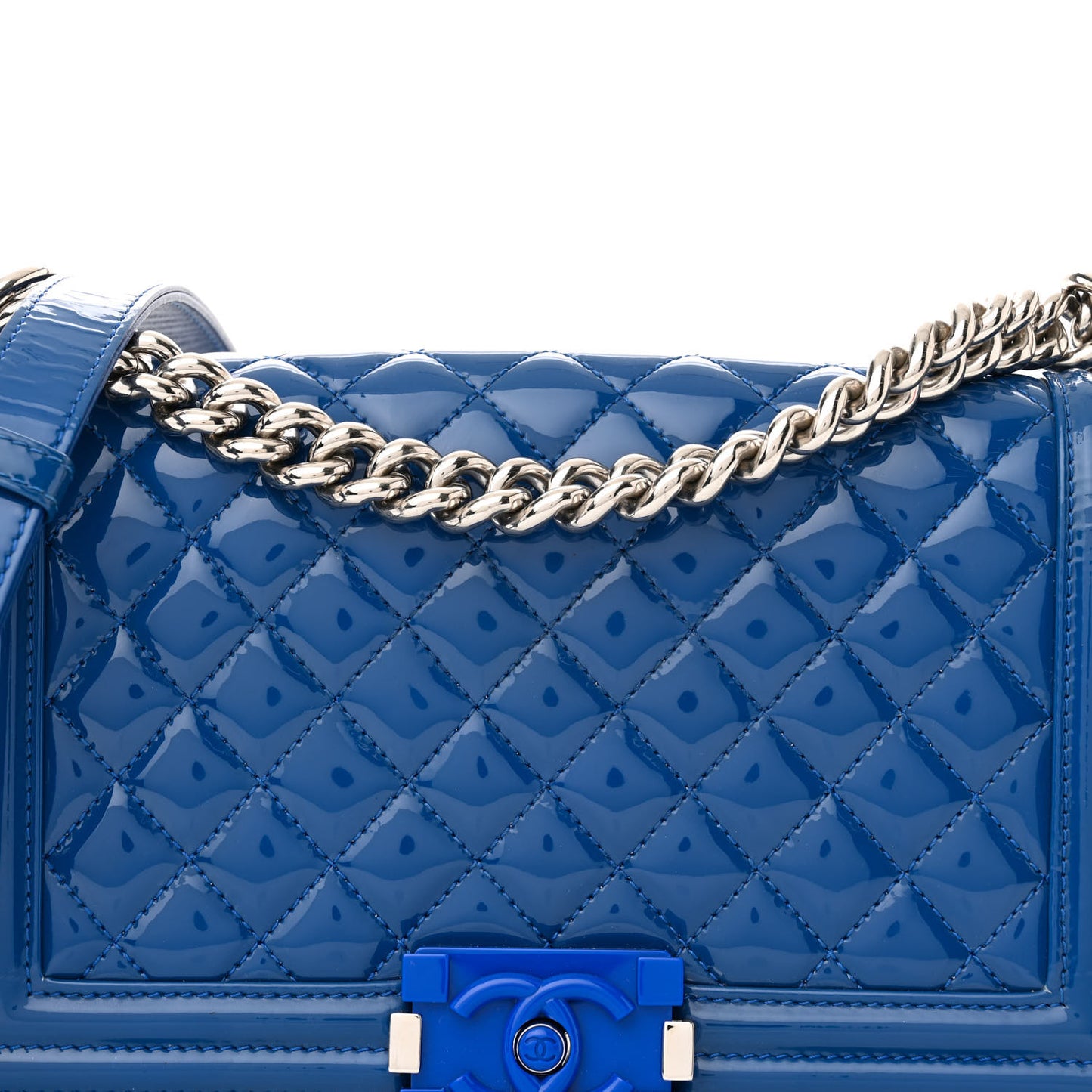 Patent Calfskin Quilted Medium Plexiglass Boy Flap Blue