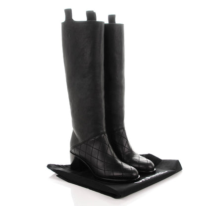 Chanel Calfskin Quilted Knee High CC Boots 37 Black 9 of 9
