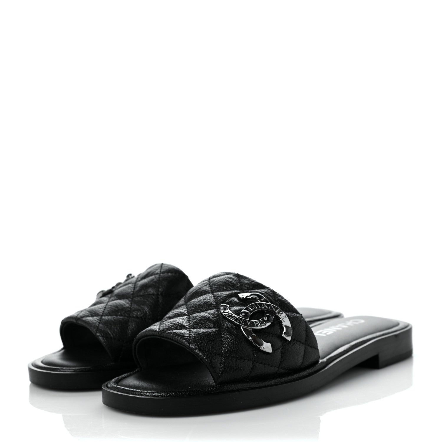 Chanel Shiny Goatskin Quilted CC Mules Sandals 36 Black 3 of 9