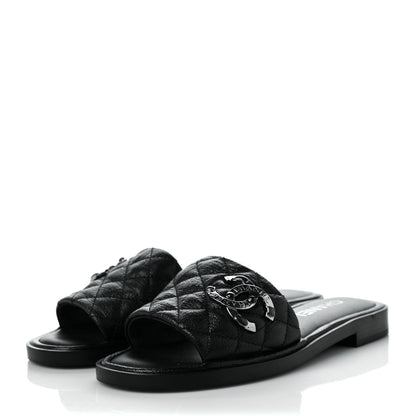 Chanel Shiny Goatskin Quilted CC Mules Sandals 36 Black 3 of 9