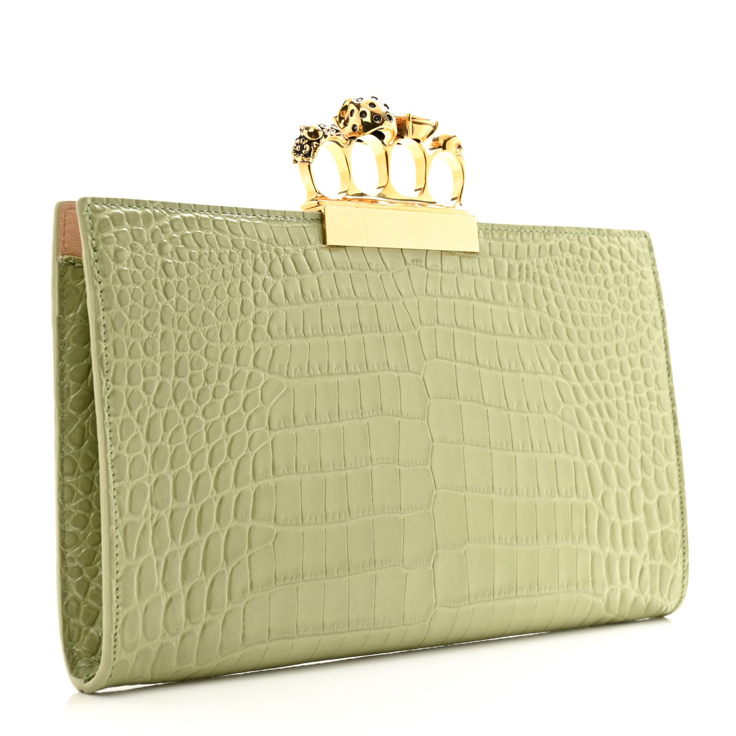 Calfskin Crocodile Embossed Knuckle Flat Clutch Sage