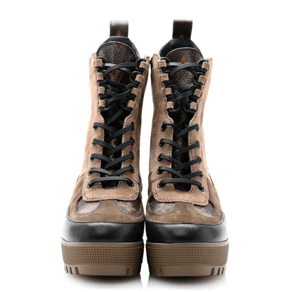 Louis Vuitton Suede Calfskin Monogram Laureate Platform Desert Boots 35 Taupe 2 of 10