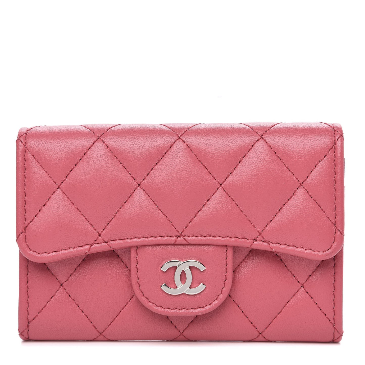 Lambskin Quilted Flap Card Holder Wallet Dark Pink