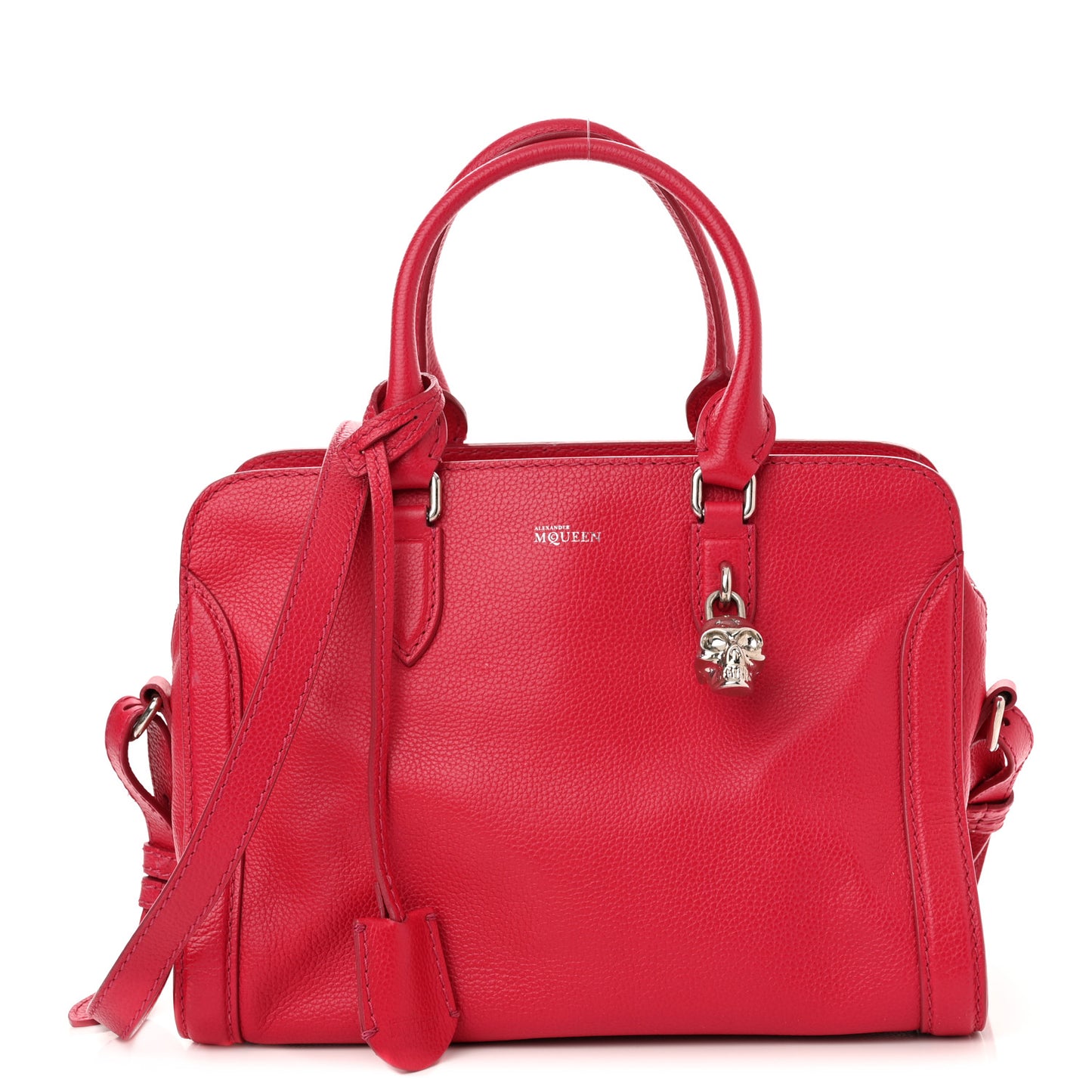 Pebbled Calfskin Small Skull Padlock Zip Around Tote Red