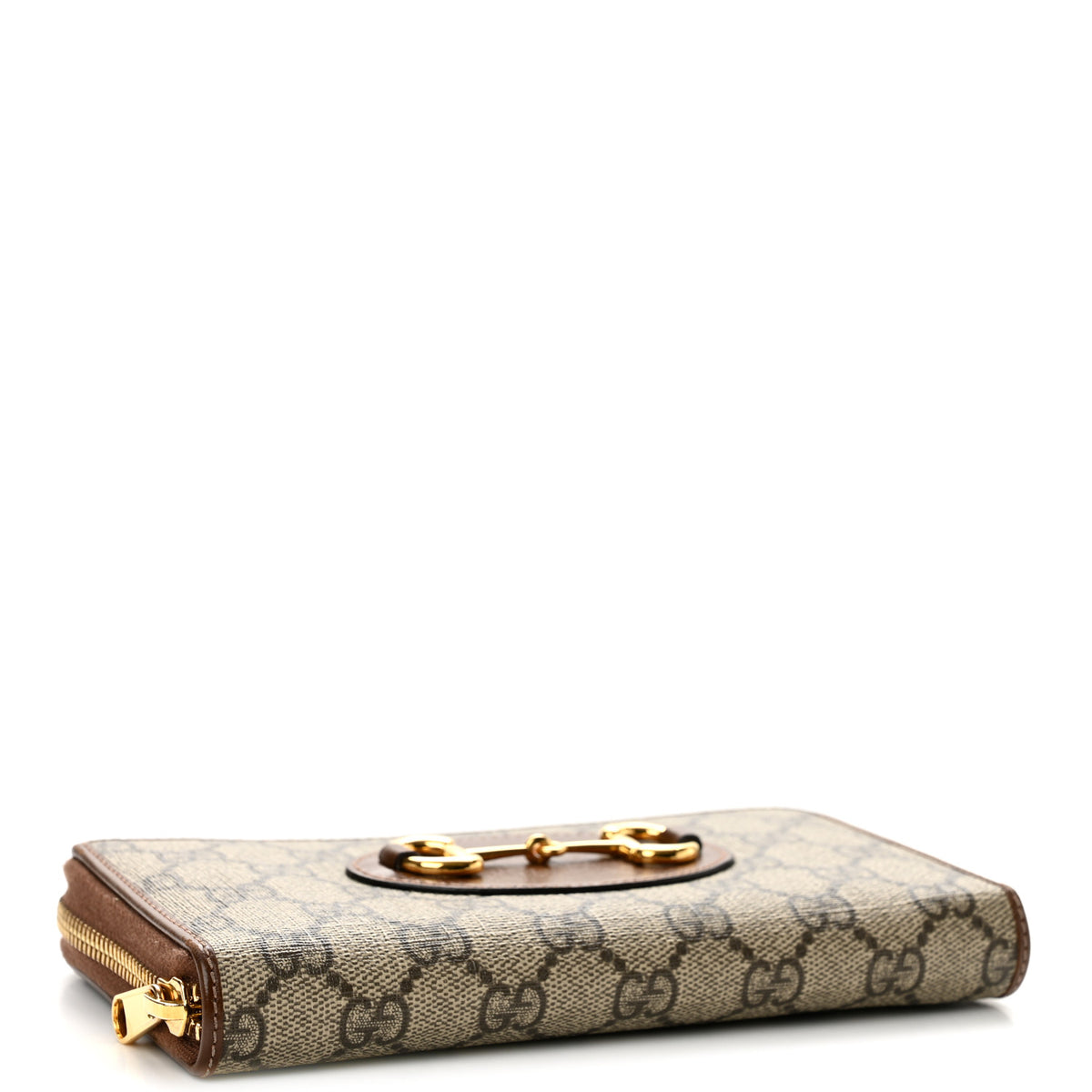 GG Supreme Monogram Azalea Calfskin Horsebit 1955 Zip Around Wallet Beige Ebony Brown Sugar