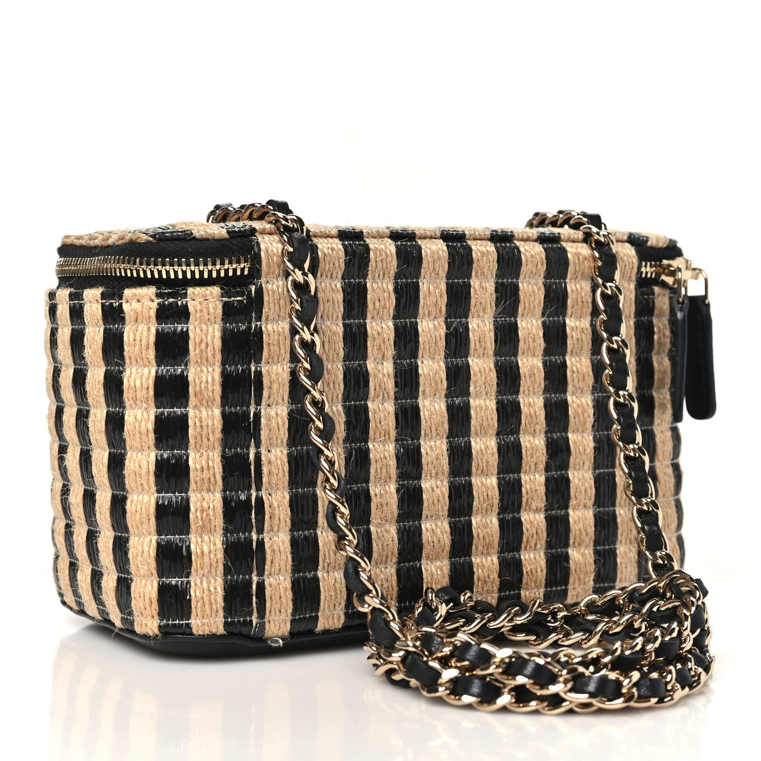 Chanel Raffia Jute Striped Small Vanity Case With Chain Black Beige 3 of 11