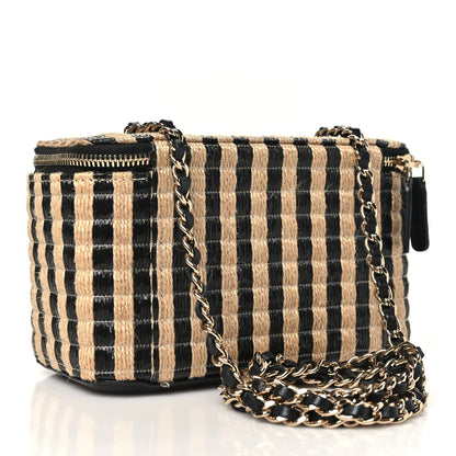 Chanel Raffia Jute Striped Small Vanity Case With Chain Black Beige 3 of 11