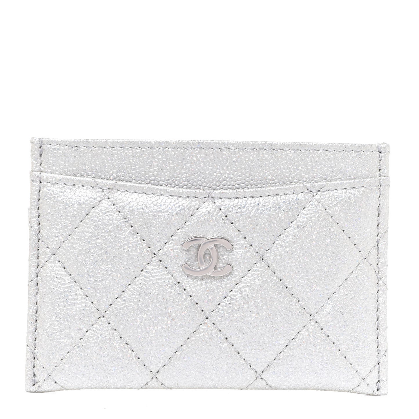 Glittered Metallic Caviar Quilted Card Holder Silver