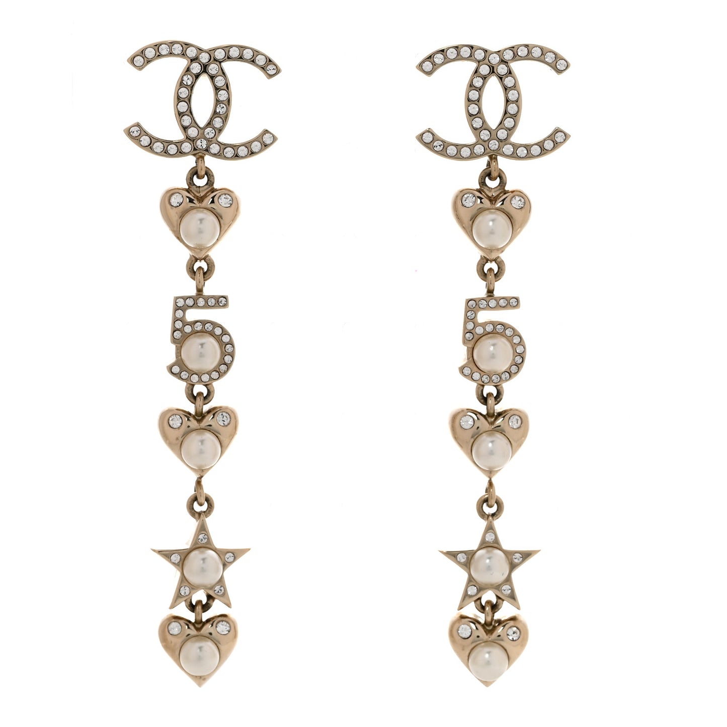 Crystal Pearl Charming Winter CC Star Heart Drop Earrings Gold