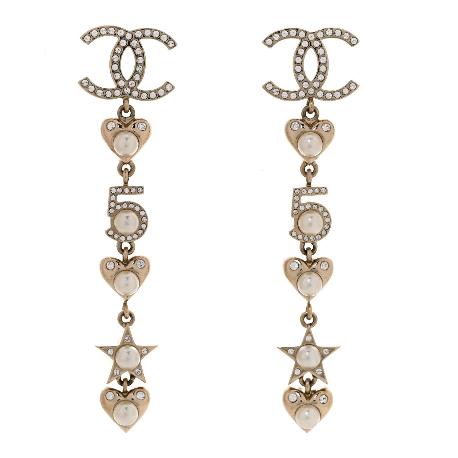 Chanel Crystal Pearl Charming Winter CC Star Heart Drop Earrings Gold 1 of 5