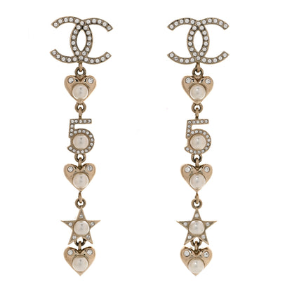 Chanel Crystal Pearl Charming Winter CC Star Heart Drop Earrings Gold 1 of 5