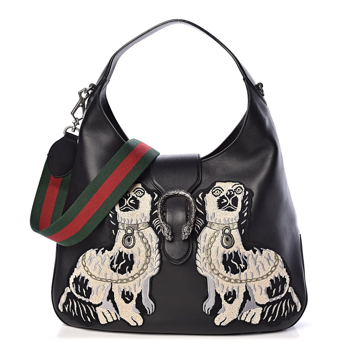 Calfskin Web Dog Embroidered Large Dionysus Hobo Black