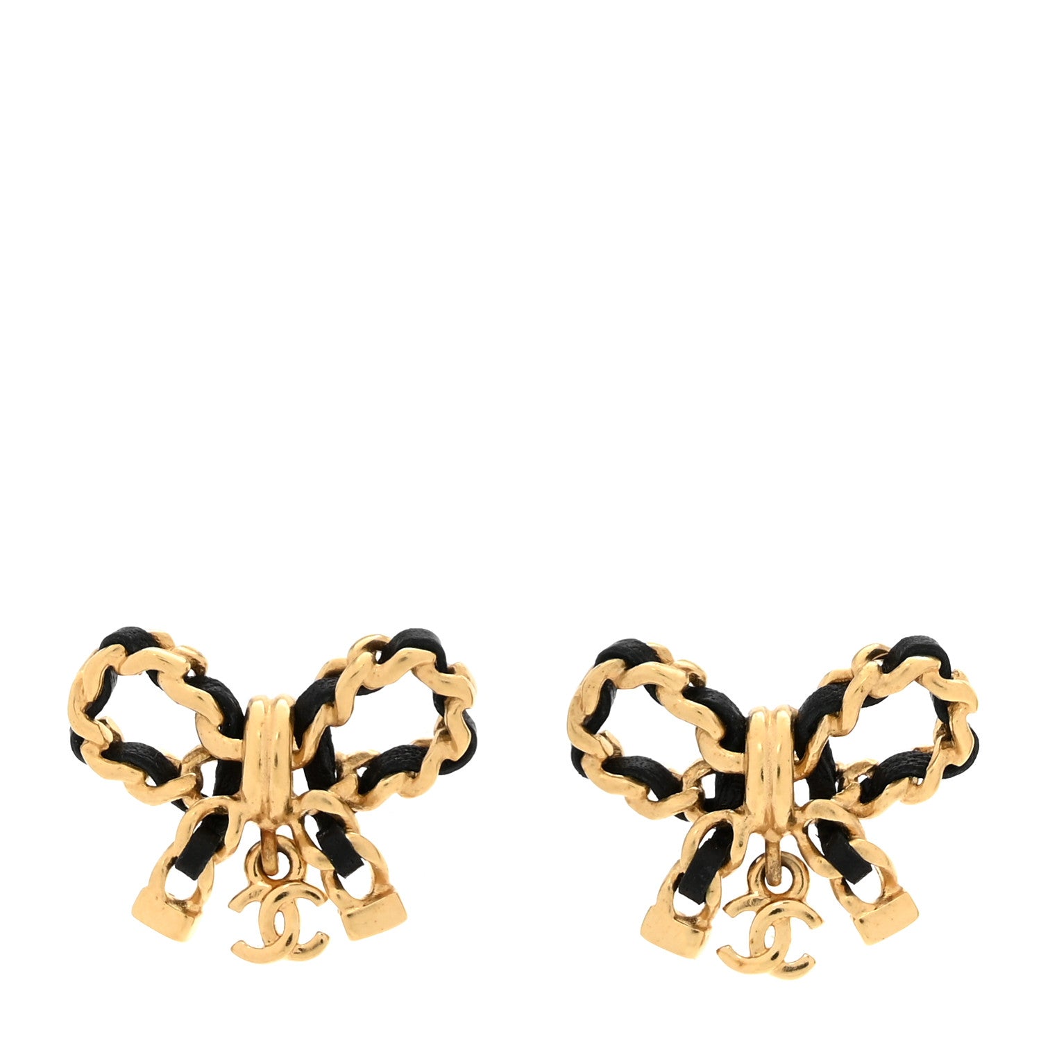Chanel Lambskin Chain Bow Stud Earrings Black Gold 1 of 5