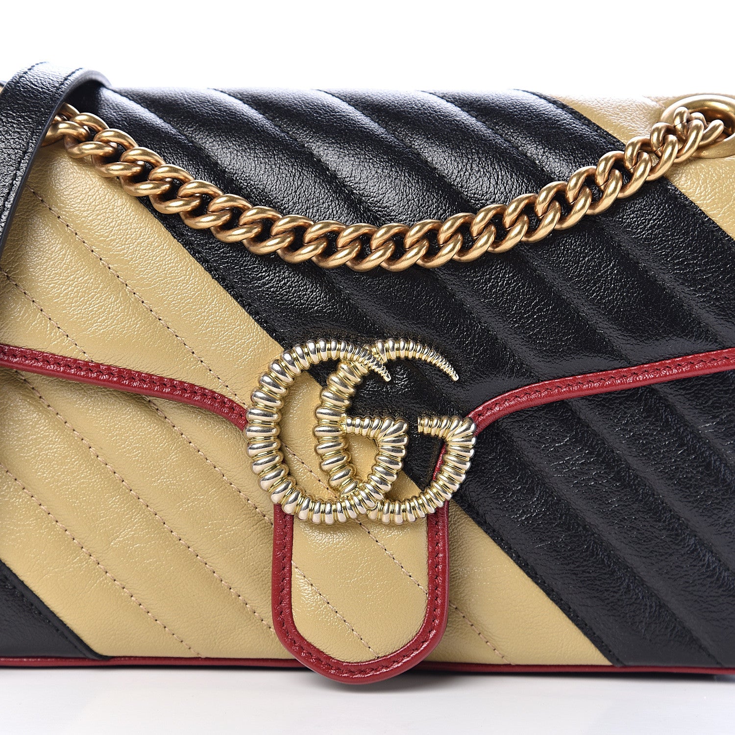 Gucci Vintage Effect Calfskin Matelasse Diagonal Striped Small Torchon GG Marmont Shoulder Bag Black Beige 9 of 9