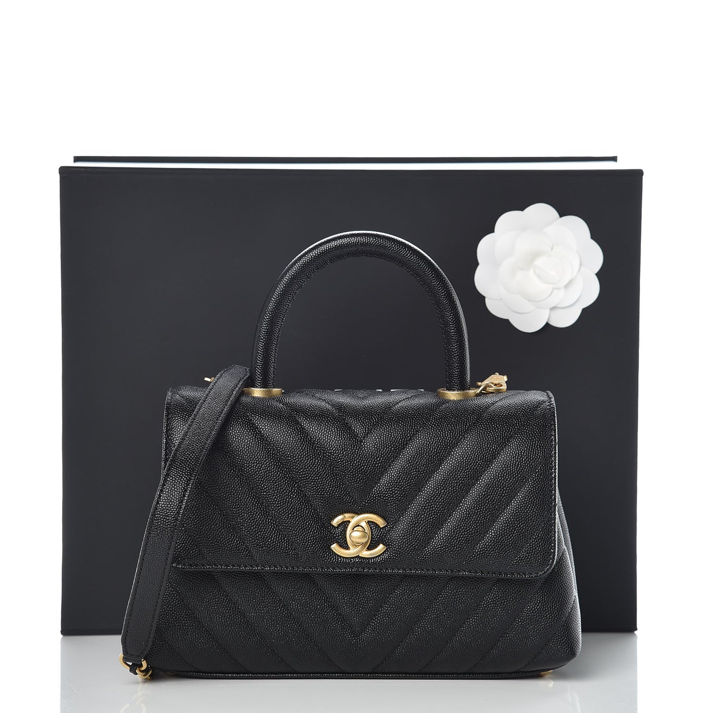 Caviar Chevron Quilted Mini Coco Handle Flap Black