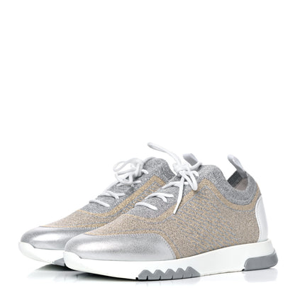 Hermes Metallic Technical Canvas Goatskin Bouncing Sneakers 37 White 3 of 9